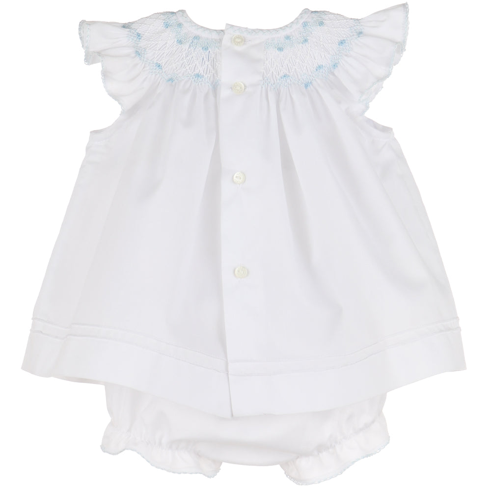 BABY GIRLS WHITE SCALLOP DRESS - SMOCKED IN BLUE