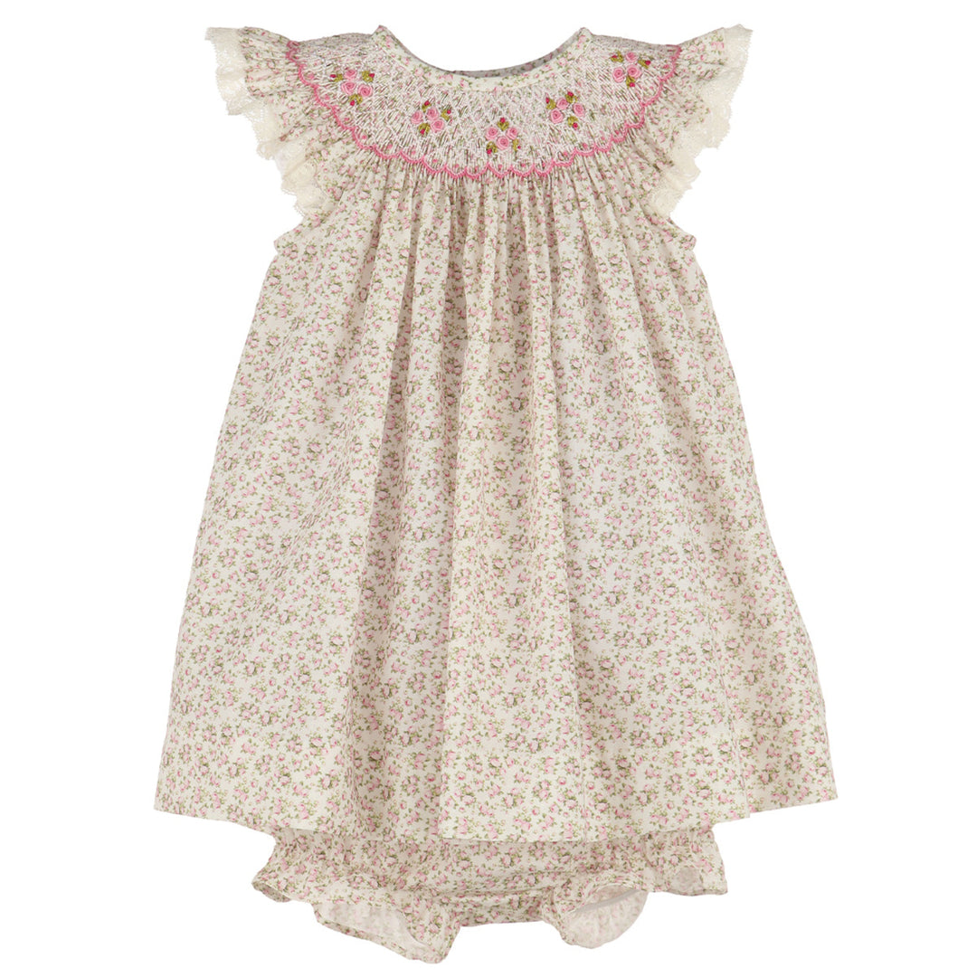 Smocked Pink Liberty Tea Roses Bishop Dress with Lace