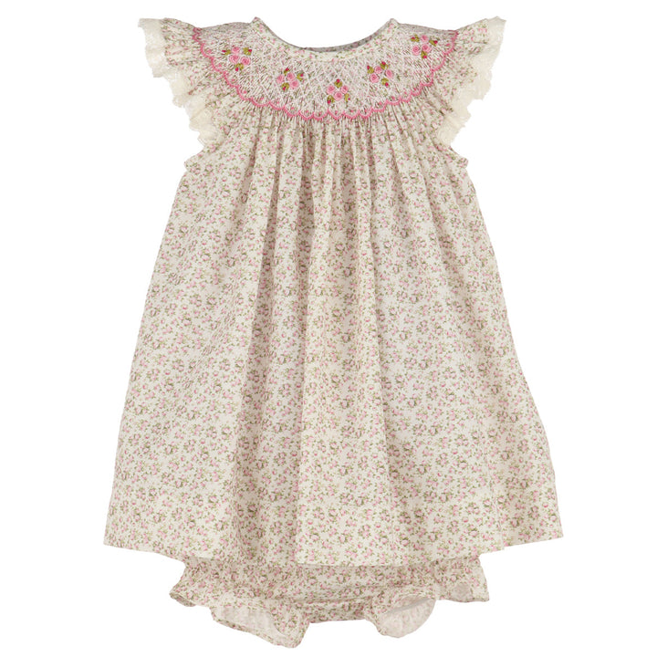 Smocked Pink Liberty Tea Roses Bishop Dress with Lace