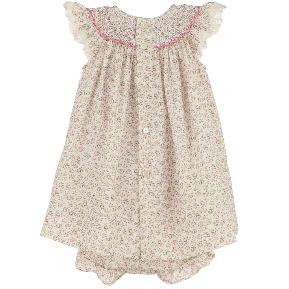 Smocked Pink Liberty Tea Roses Bishop Dress with Lace
