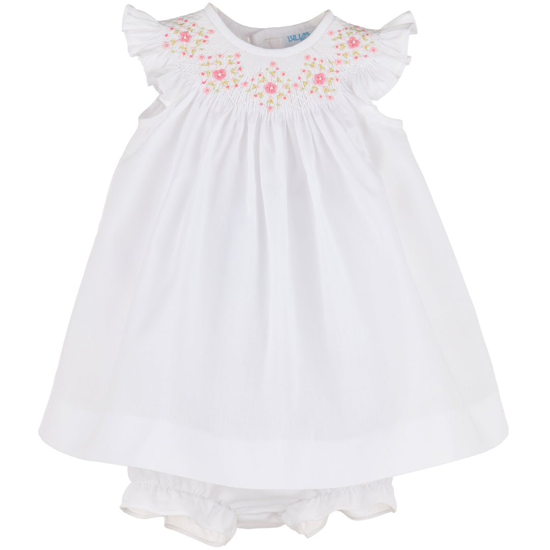 White Floral Diamond Smocked Bishop Dress w/ Bonnet