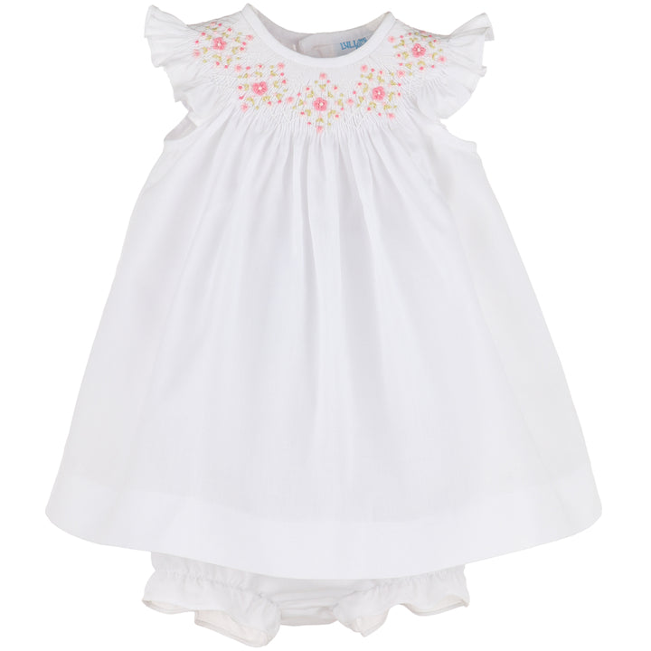 White Floral Diamond Smocked Bishop Dress w/ Bonnet