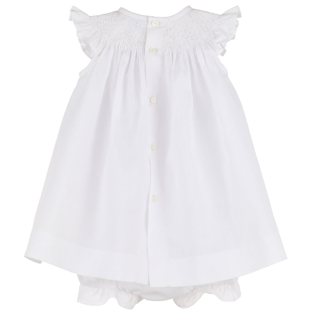White Floral Diamond Smocked Bishop Dress w/ Bonnet