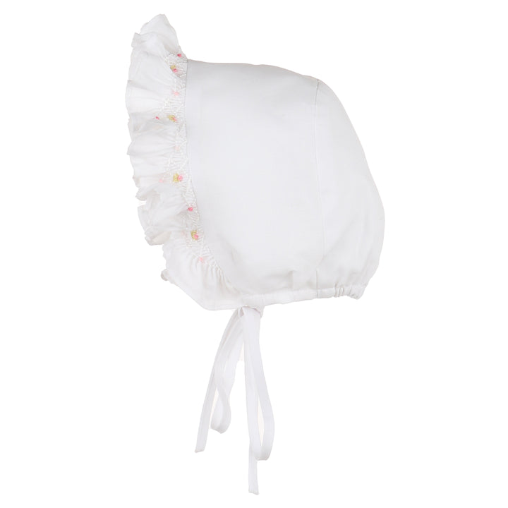 White Floral Diamond Smocked Bishop Dress w/ Bonnet