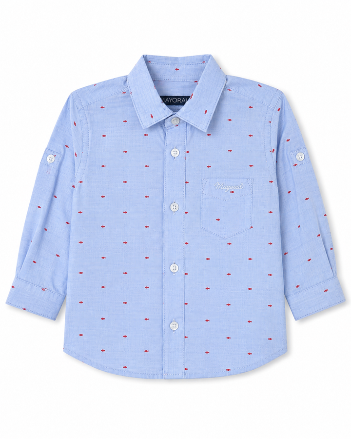 Blue Fish Print Long Sleeve Button Up