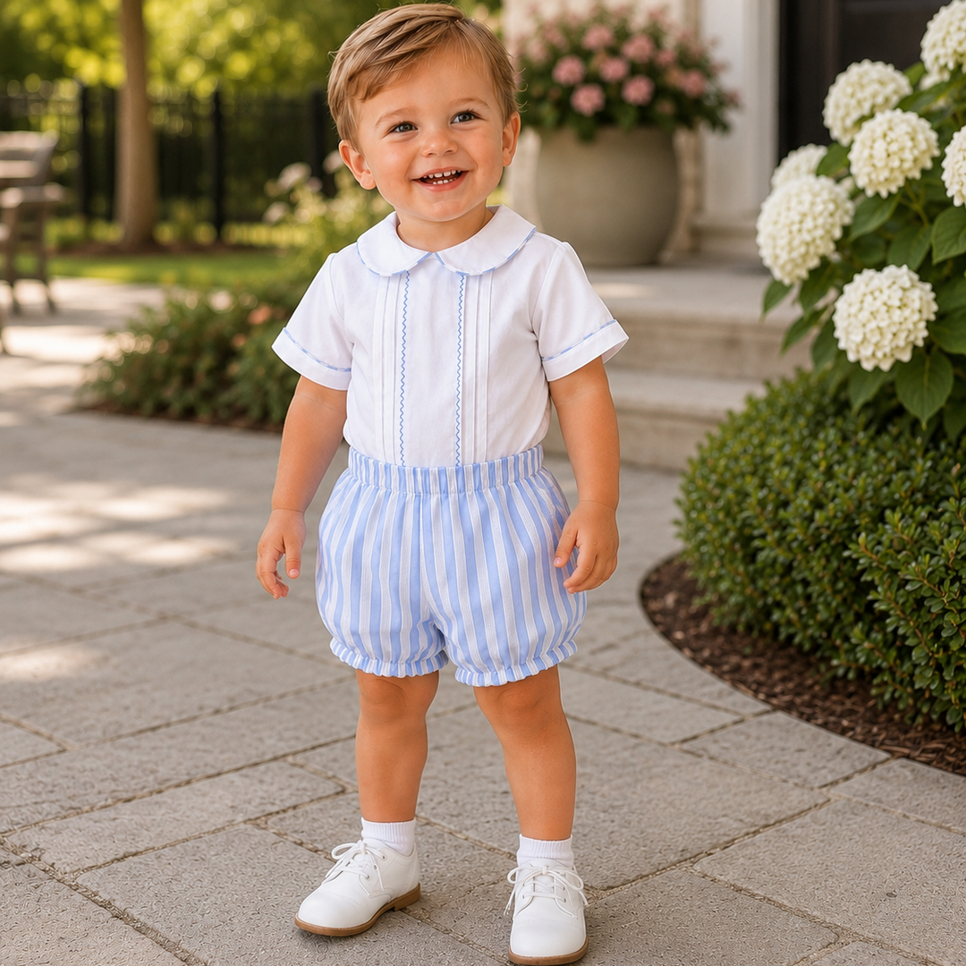 Blue &amp; White Stripe Short Set With Pleats