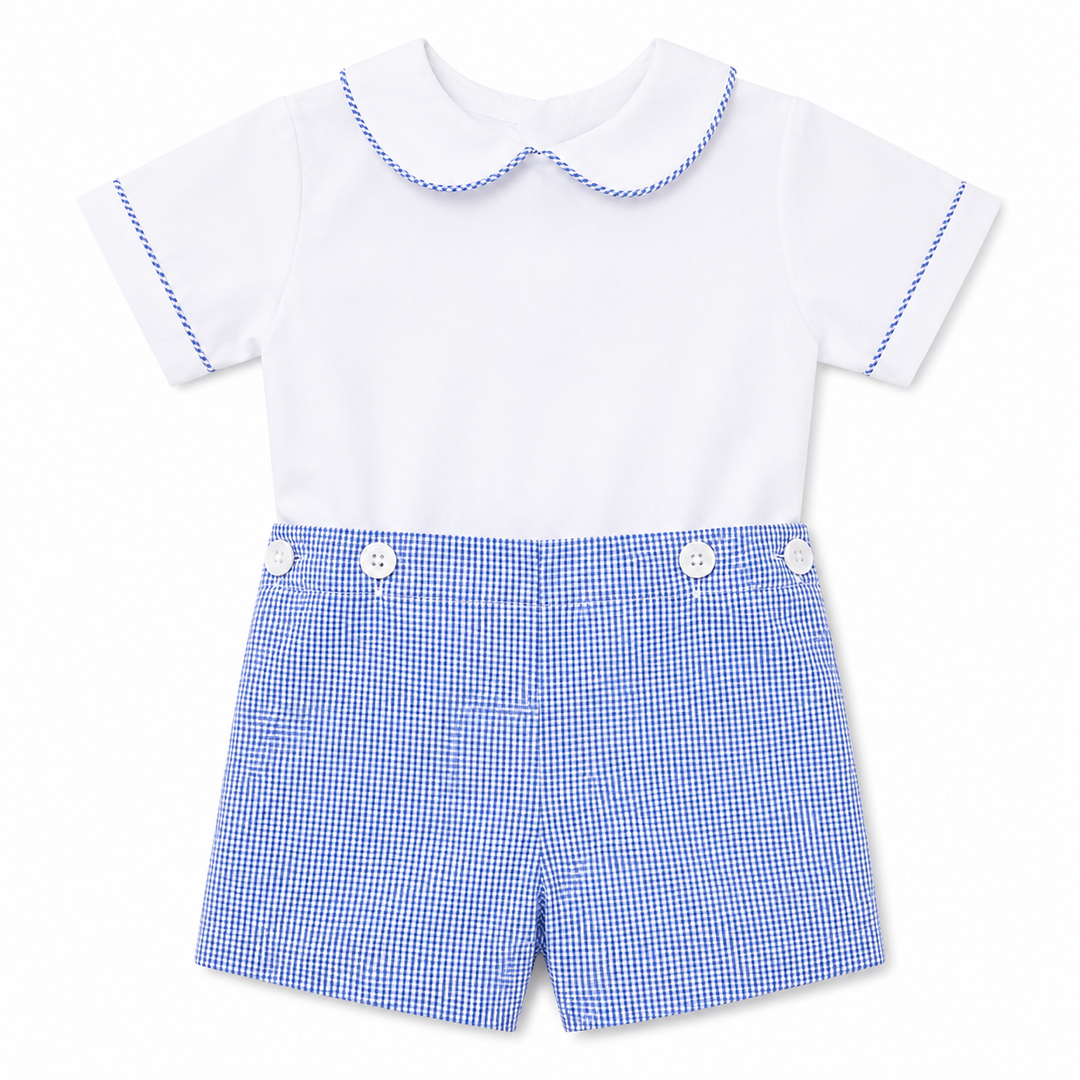 Royal Blue Micro Check Button-On Shortall
