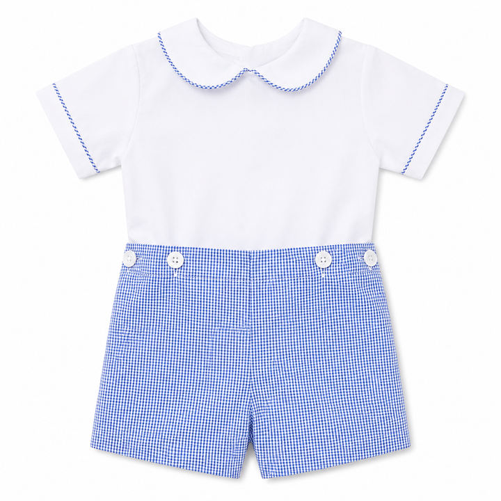 Royal Blue Micro Check Button-On Shortall
