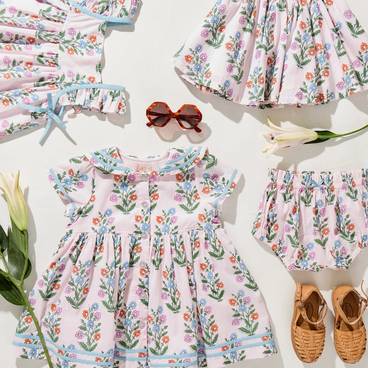 Baby Girls Ailee Dress Set - Pink Dewdrop Block Print