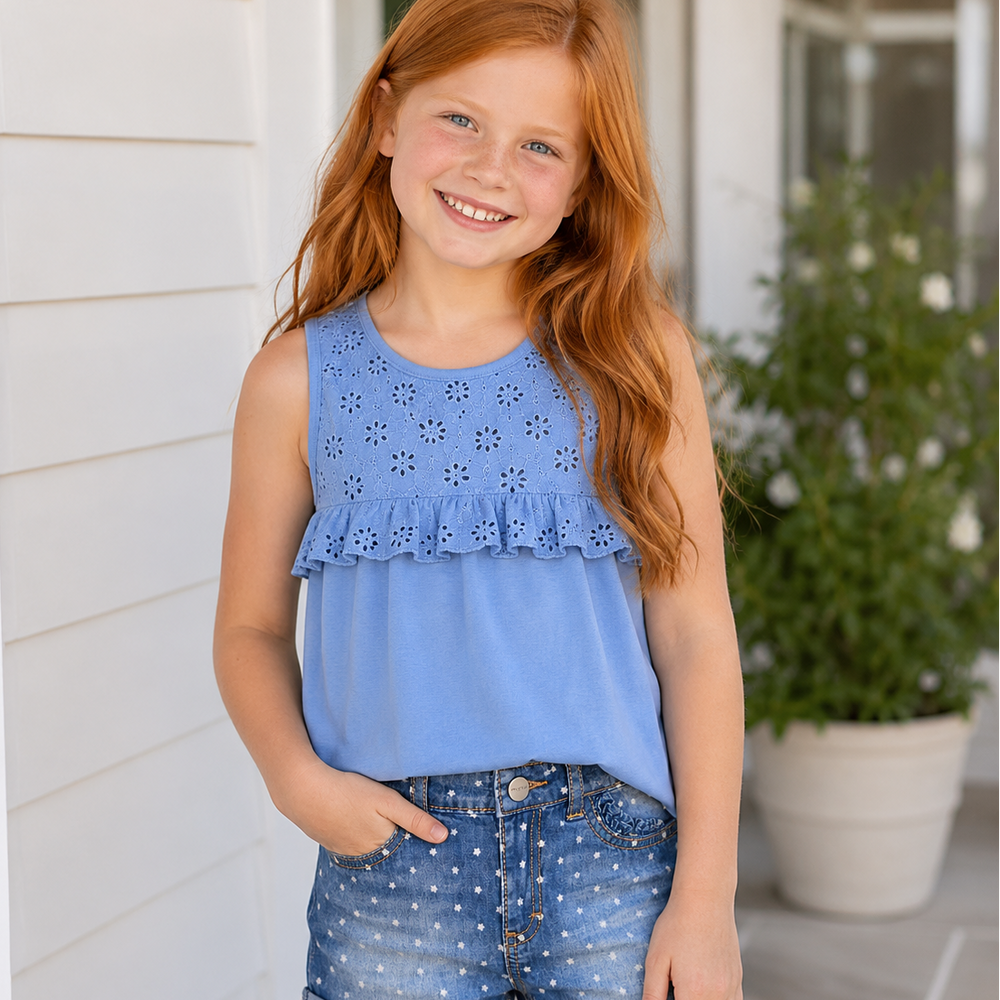 Blue Eyelet Lace Ruffle Tank