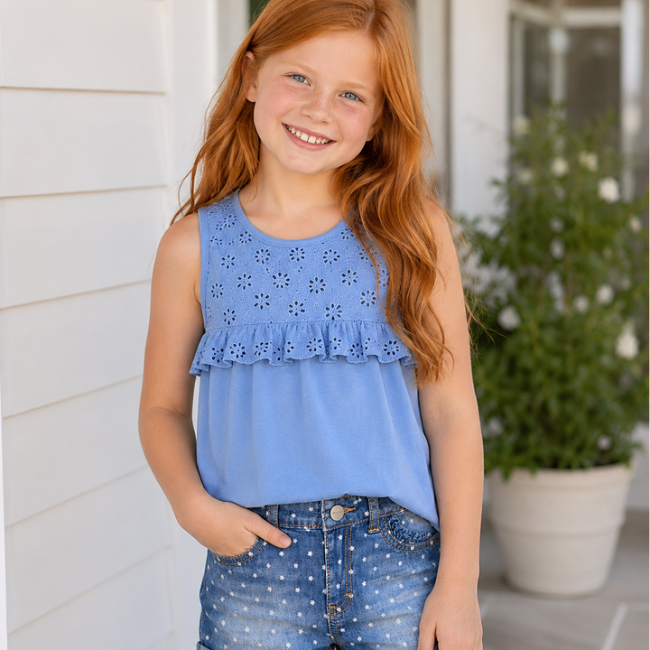 Blue Eyelet Lace Ruffle Tank