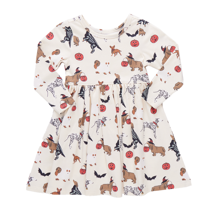 Girls Organic Long Sleeve Steph Dress - Spooky Dogs