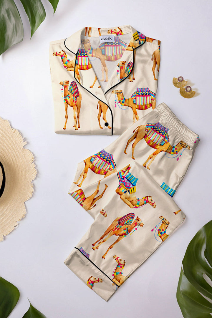 Akida Cream Camel Print Two-Piece Silk Pajama Set