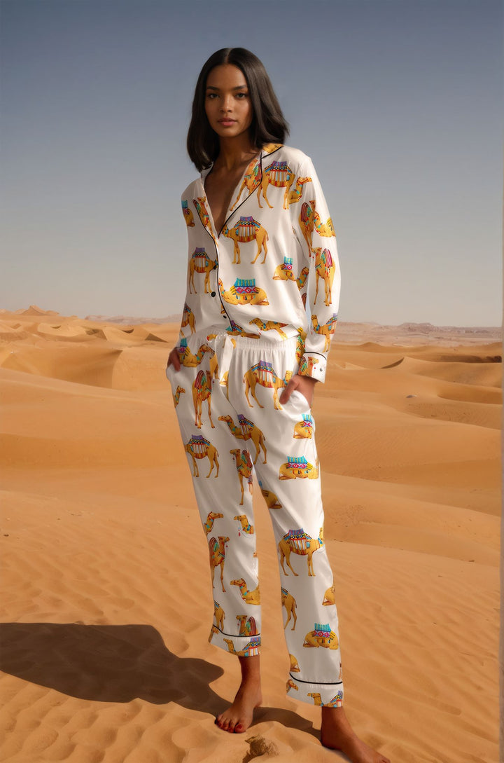 Akida Cream Camel Print Two-Piece Silk Pajama Set