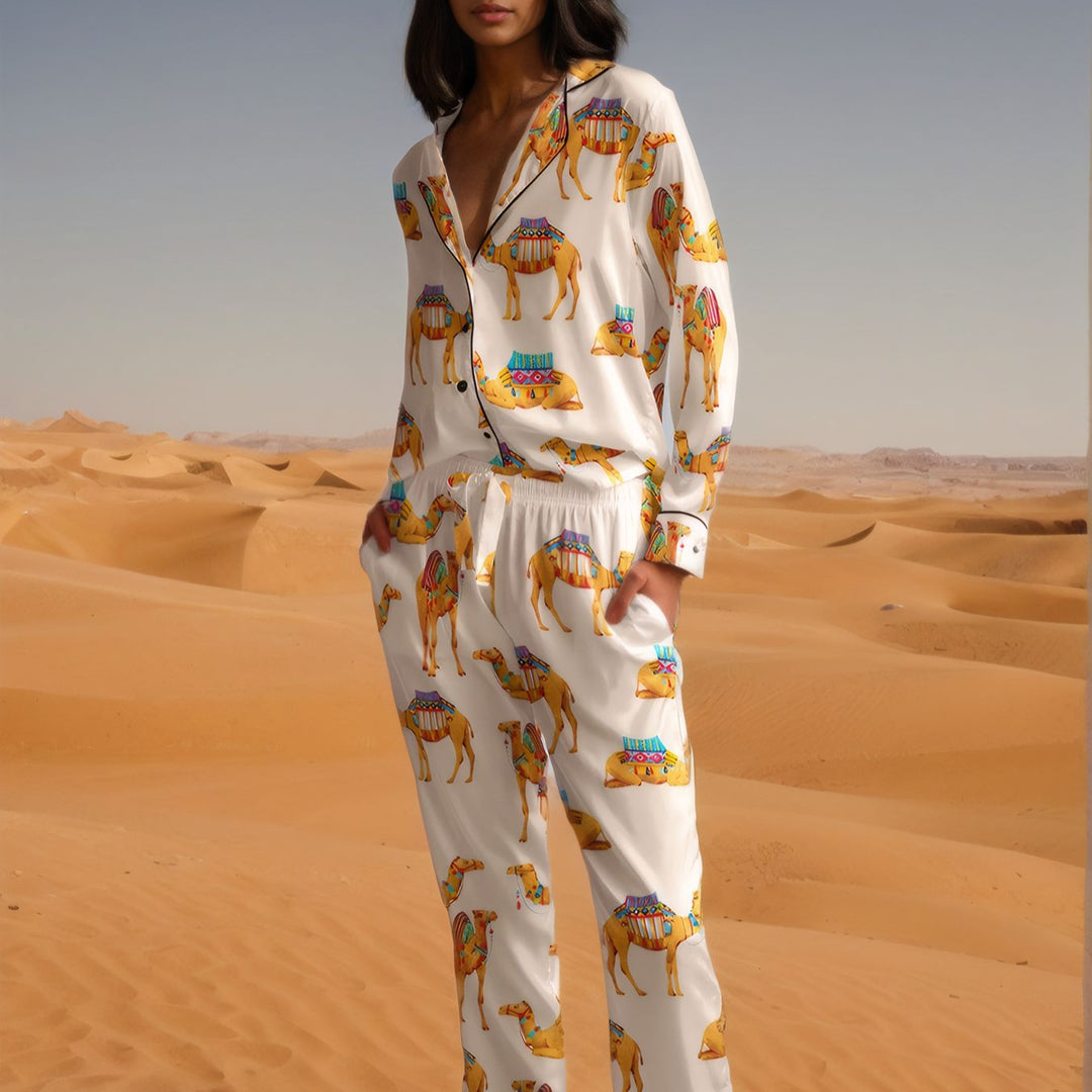 Akida Cream Camel Print Two-Piece Silk Pajama Set