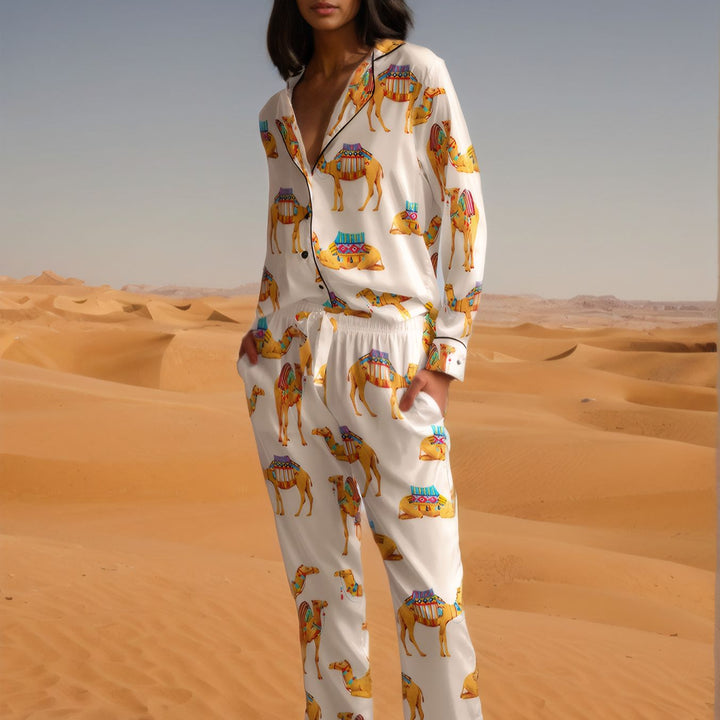 Akida Cream Camel Print Two-Piece Silk Pajama Set