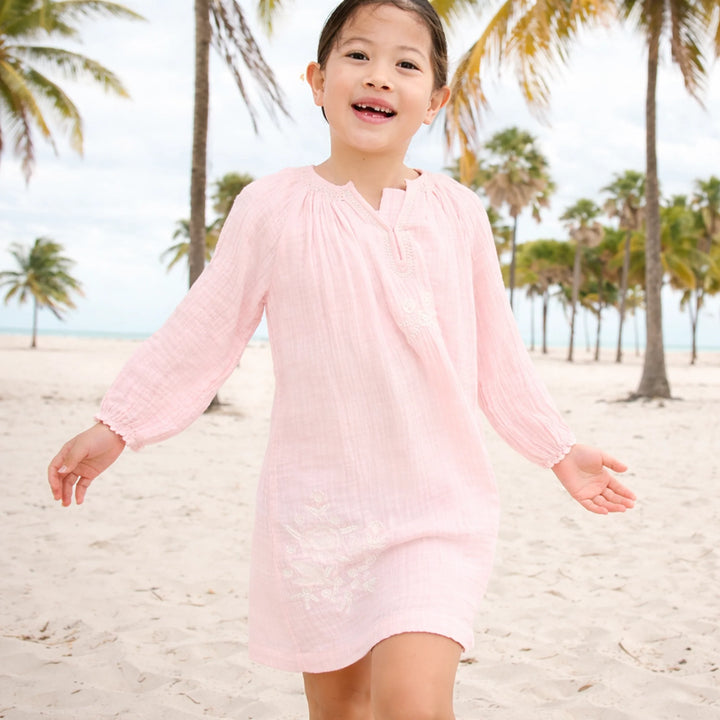 Girls Ava Dress - Pink White Embroidery