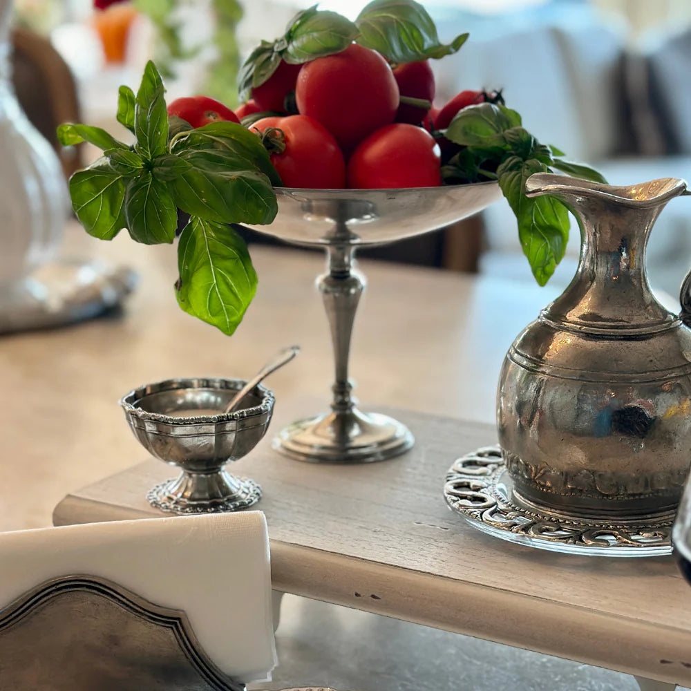 Vintage Beaded Pewter Salt Cellar with Spoon