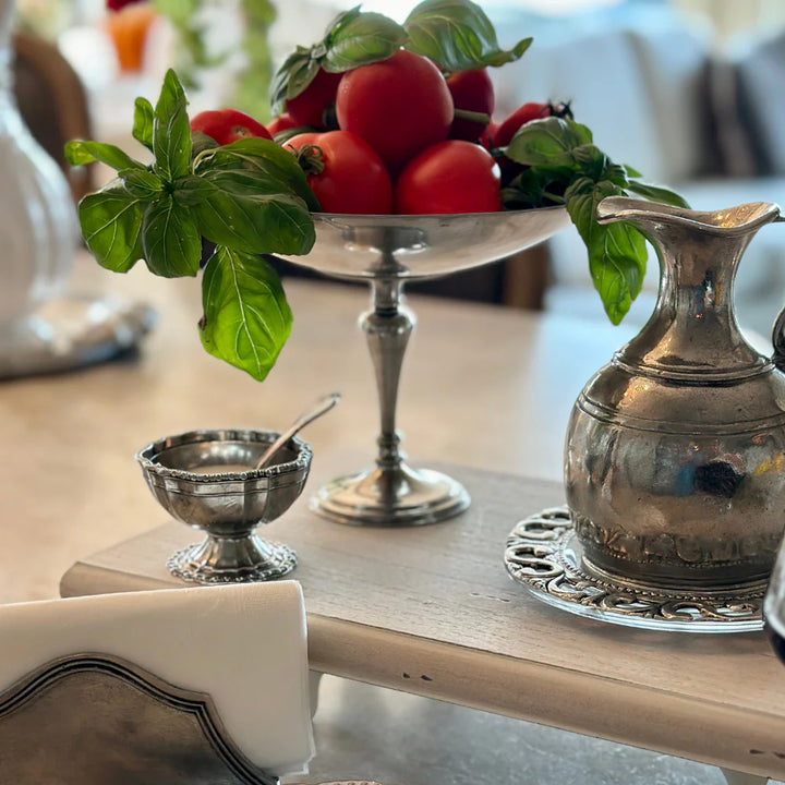 Vintage Beaded Pewter Salt Cellar with Spoon