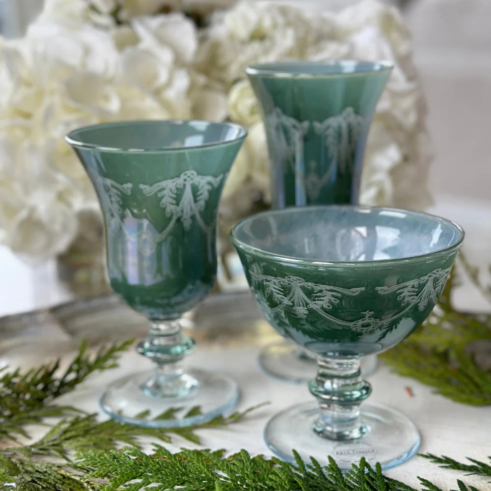 Rialto Borghese Etched Water/Wine Glass - Green