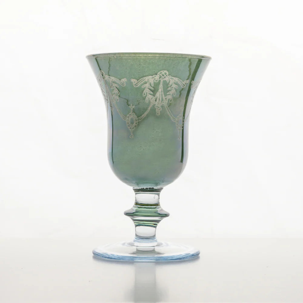 Rialto Borghese Etched Water/Wine Glass - Green