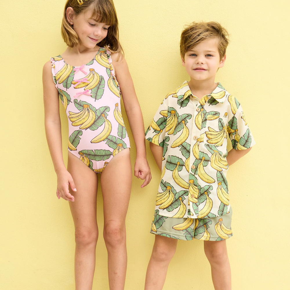 Girls Sylvie Bow Suit - Pink Banana Leaves