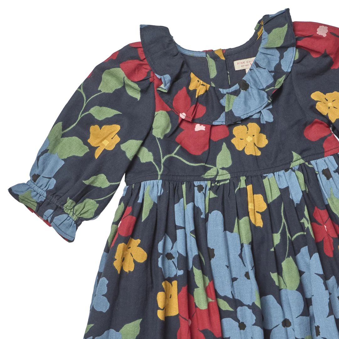 Girls Amara Dress - Navy Hibiscus Floral