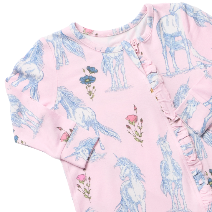 Baby Girls Ruffle Bamboo Romper - Pink Unicorn Fields