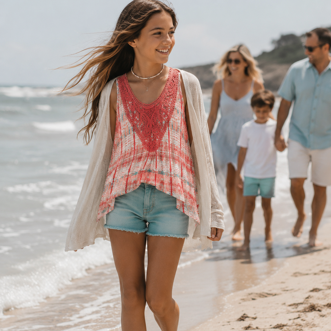 Coral & Turquoise Print Top