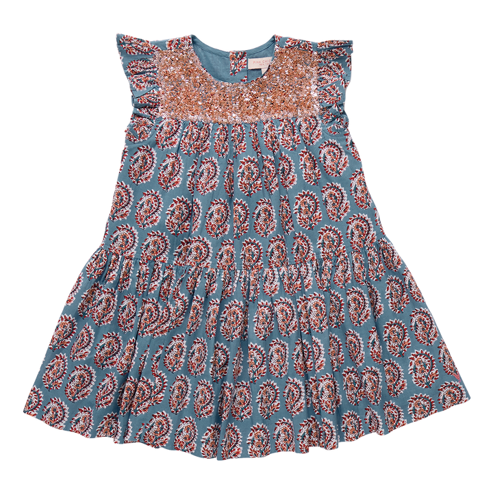 Girls Fiona Ruffle Dress - Blue Paisley