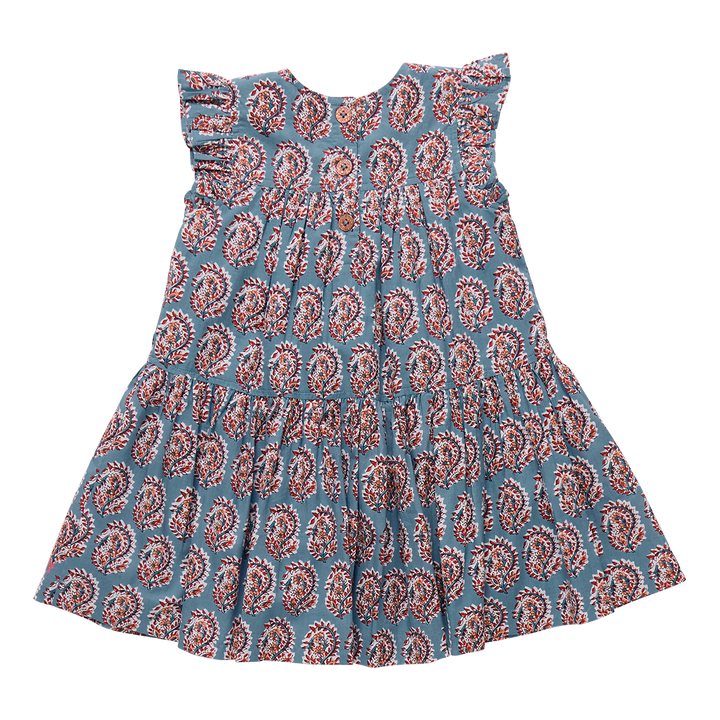 Girls Fiona Ruffle Dress - Blue Paisley