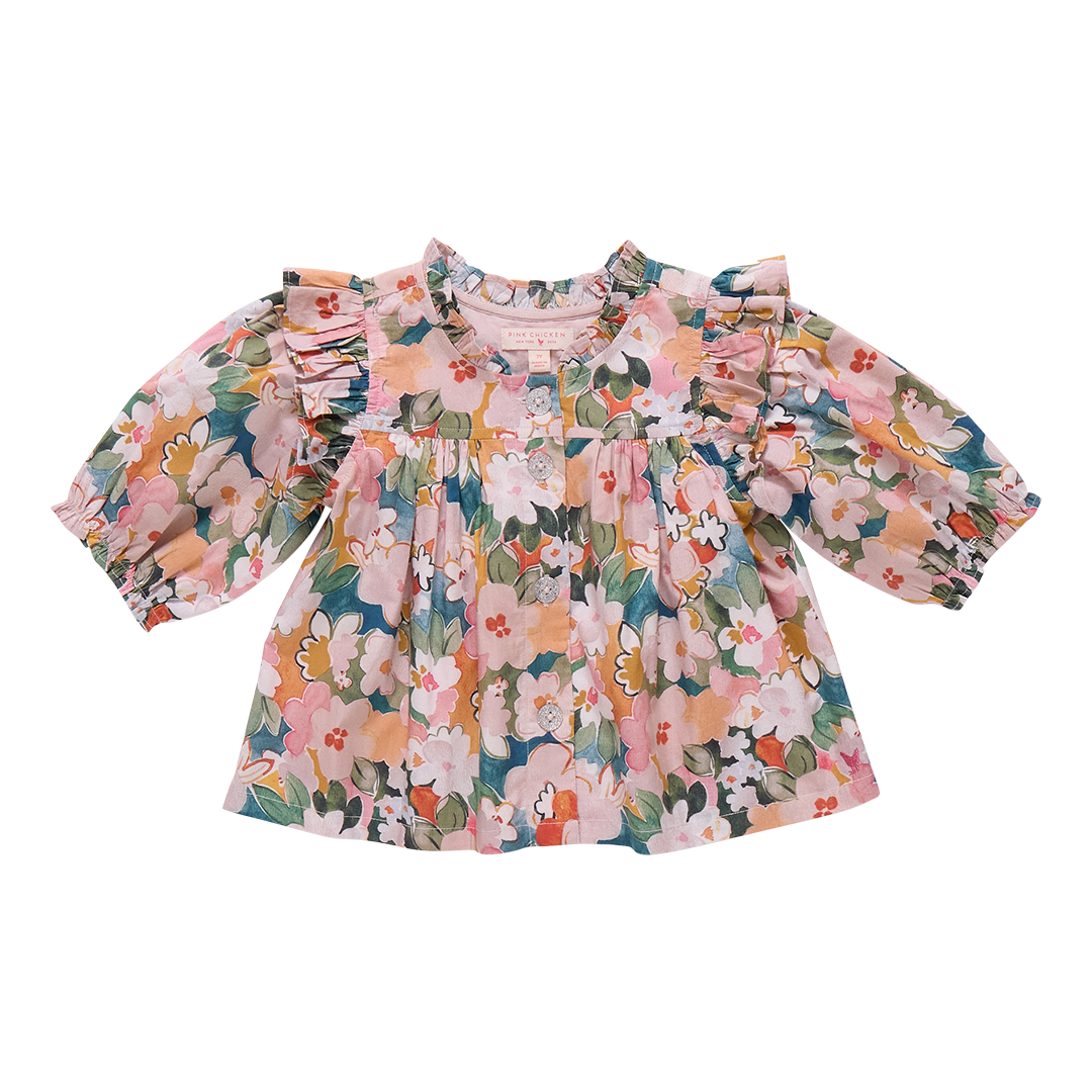 Girls Kalani Button Up Top - Watercolor Floral