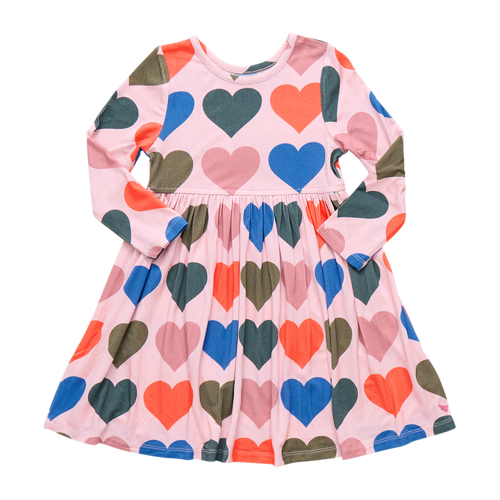 Girls Bamboo Steph Dress - Pink Oversized Hearts