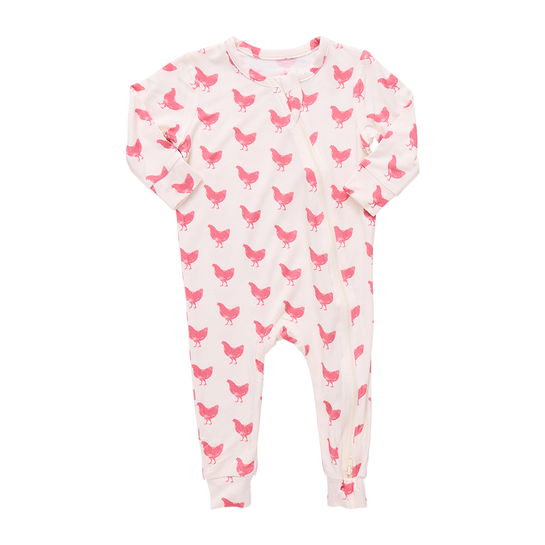 Baby Girls Ruffle Bamboo Romper - Pink Chickens