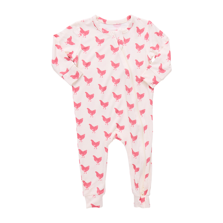 Baby Girls Ruffle Bamboo Romper - Pink Chickens
