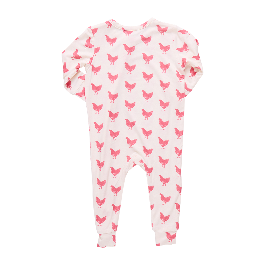 Baby Girls Ruffle Bamboo Romper - Pink Chickens