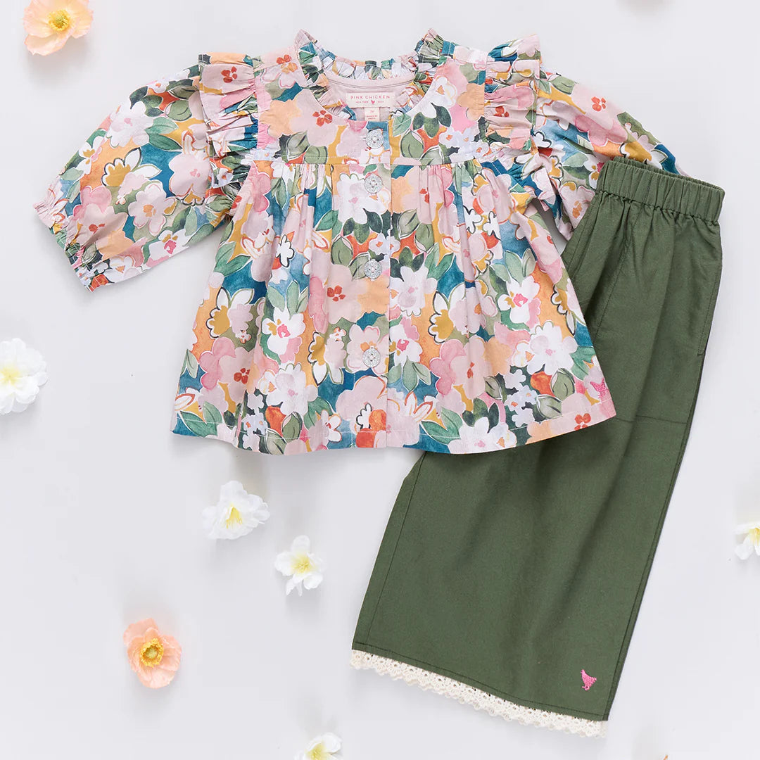 Girls Kalani Button Up Top - Watercolor Floral
