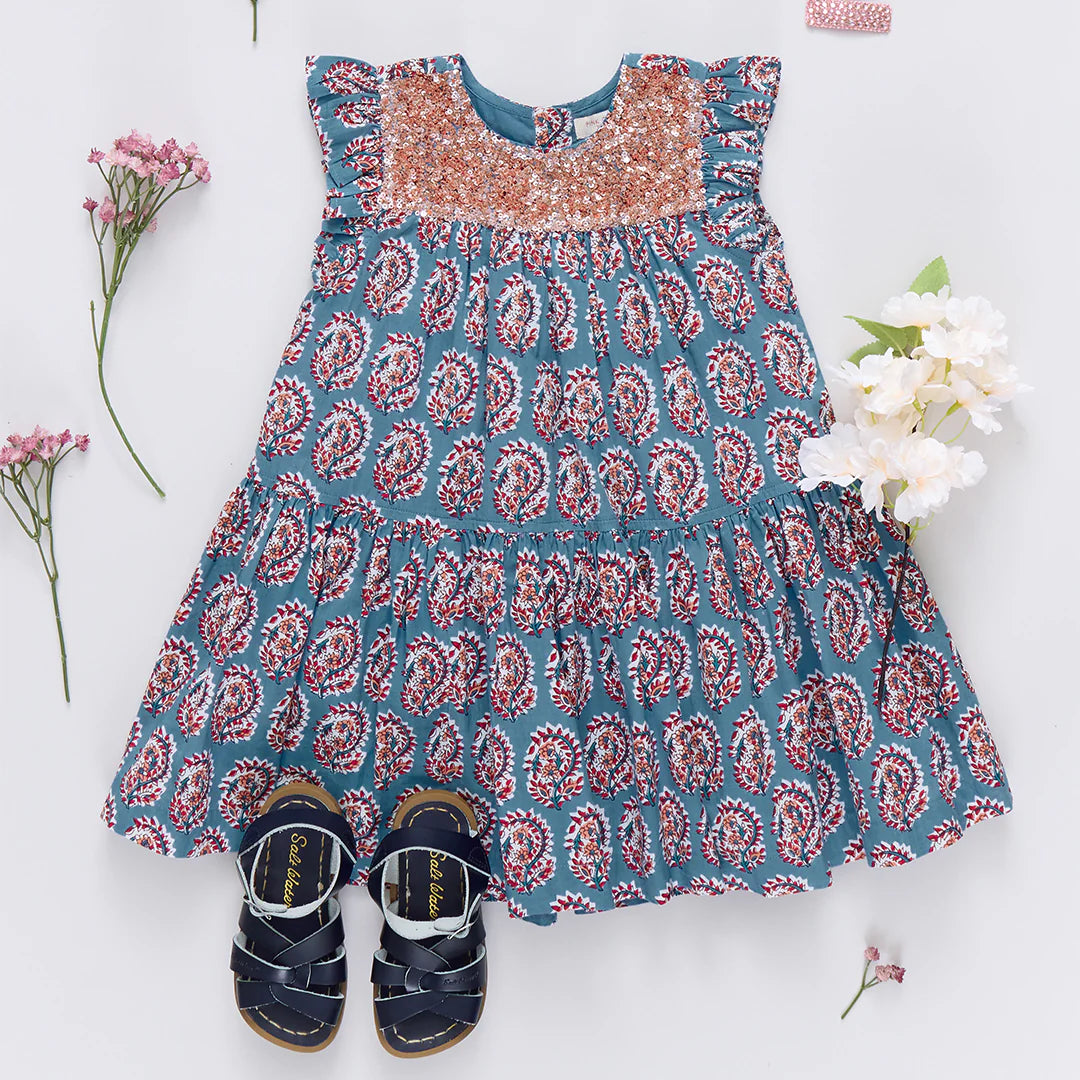 Girls Fiona Ruffle Dress - Blue Paisley