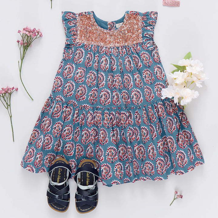 Girls Fiona Ruffle Dress - Blue Paisley