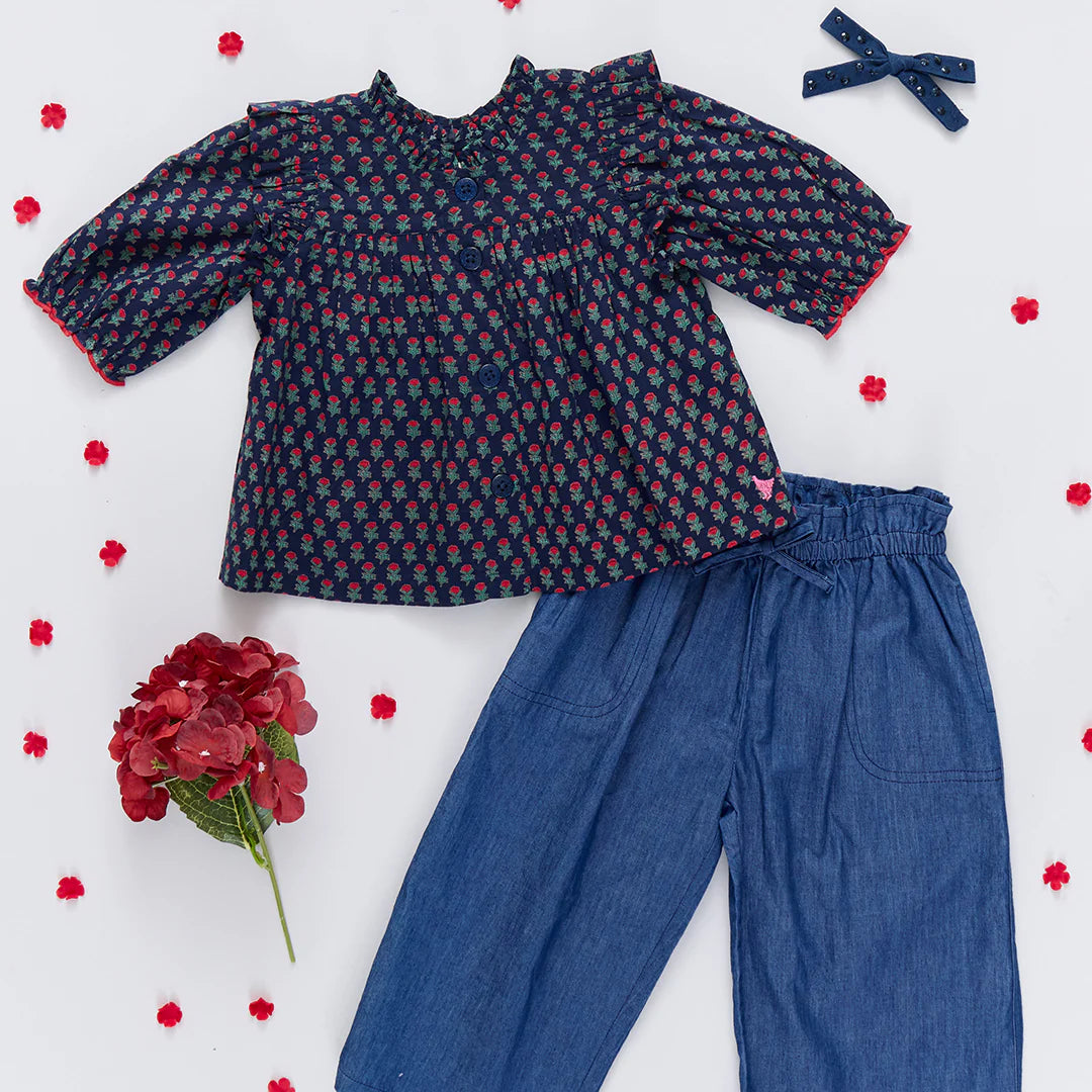 Girls Kalani Button Up Top - Navy Carnation