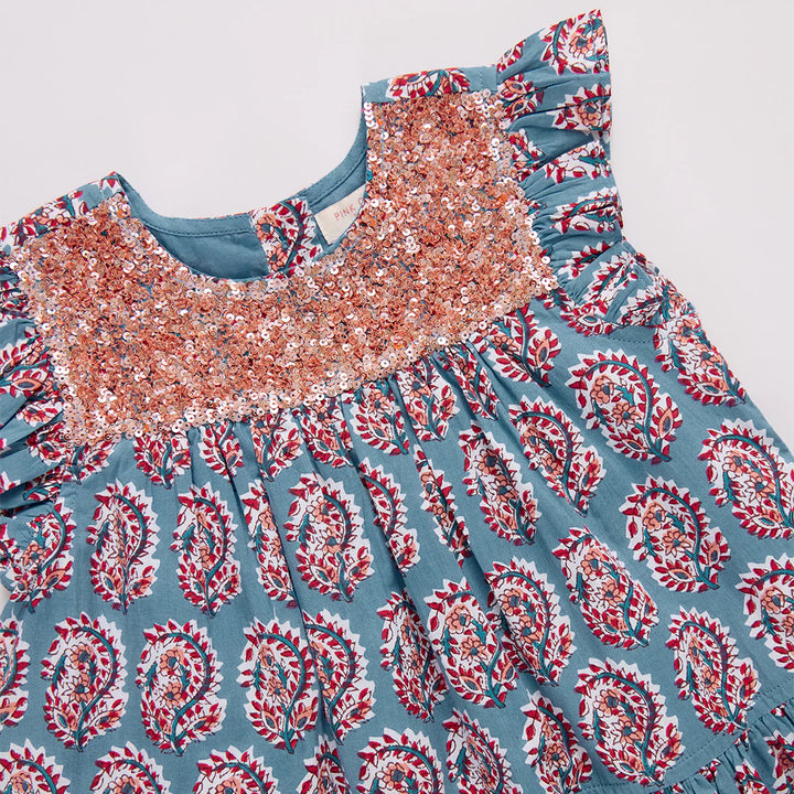 Girls Fiona Ruffle Dress - Blue Paisley
