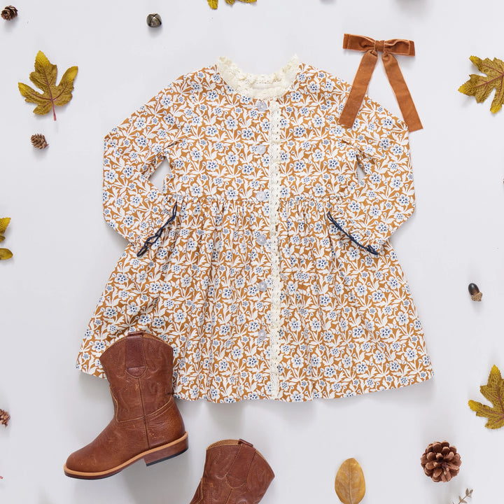 Girls Autumn Dress - Gold Climbing Floral