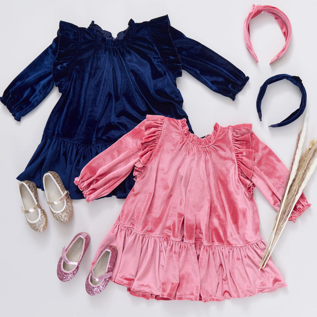 Girls Velour Harper Dress - Navy