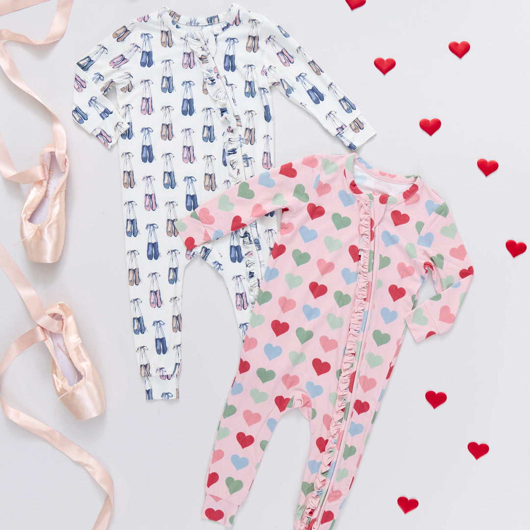 Baby Girls Ruffle Bamboo Romper - Pink Small Hearts