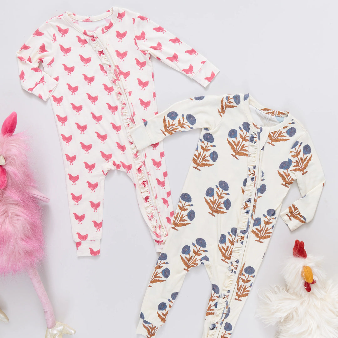 Baby Girls Ruffle Bamboo Romper - Pink Chickens