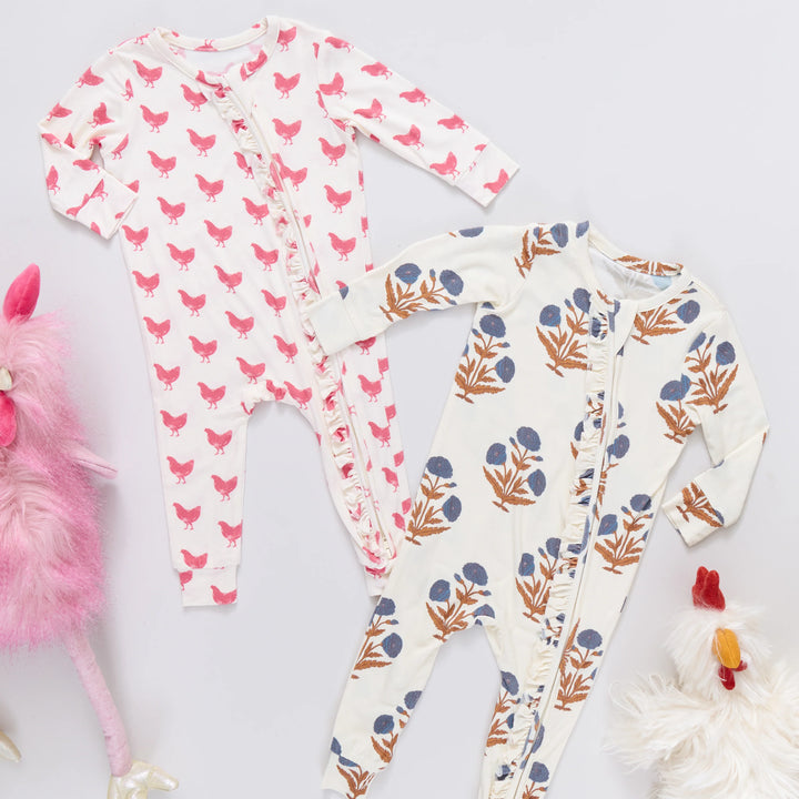 Baby Girls Ruffle Bamboo Romper - Pink Chickens