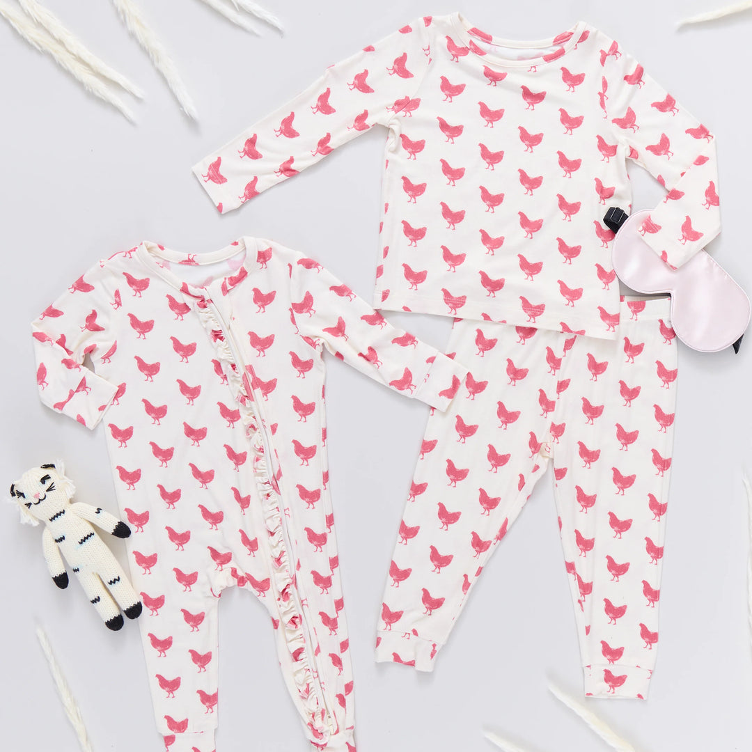 Baby Girls Ruffle Bamboo Romper - Pink Chickens