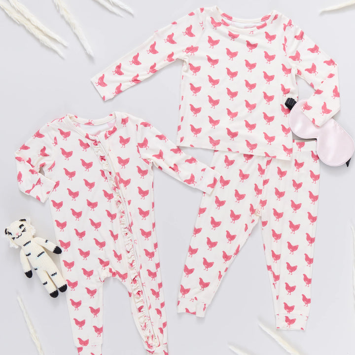 Baby Girls Ruffle Bamboo Romper - Pink Chickens