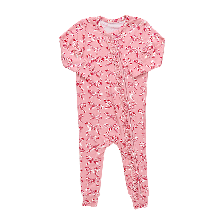 Baby Ruffle Bamboo Romper - Candy Cane Bows