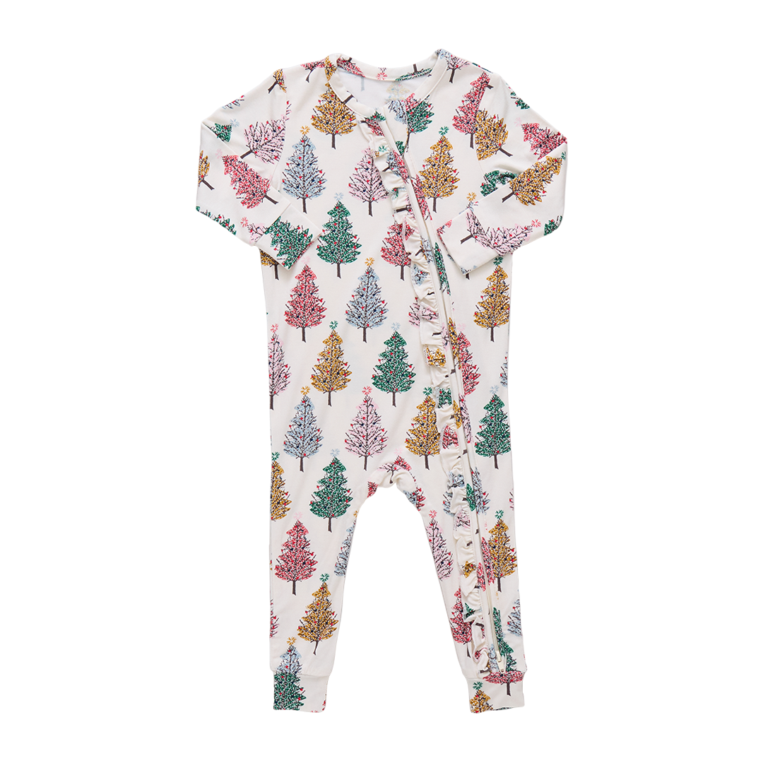 Baby Ruffle Bamboo Romper - Multi Christmas Trees